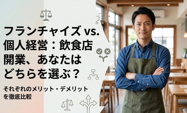 フランチャイズと個人店の違いを比較し、飲食店開業の選び方を示す男性店主入りのアイキャッチ画像