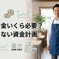 飲食店の店内で40代男性店主が立ち、開業資金の必要額や失敗しない資金計画を表現したアイキャッチ画像