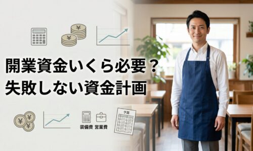飲食店の店内で40代男性店主が立ち、開業資金の必要額や失敗しない資金計画を表現したアイキャッチ画像