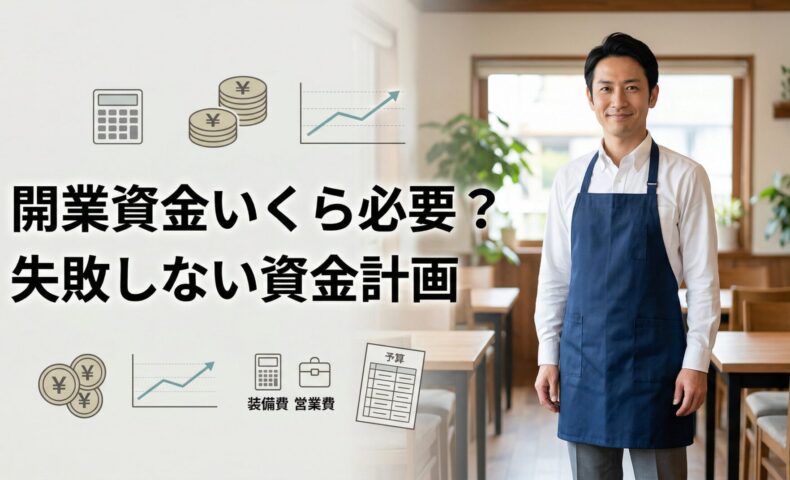 飲食店の店内で40代男性店主が立ち、開業資金の必要額や失敗しない資金計画を表現したアイキャッチ画像
