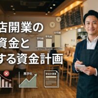 飲食店の店内で40代男性店主がメモを持ち、開業資金の平均額と成功する人の資金計画を表現したアイキャッチ画像