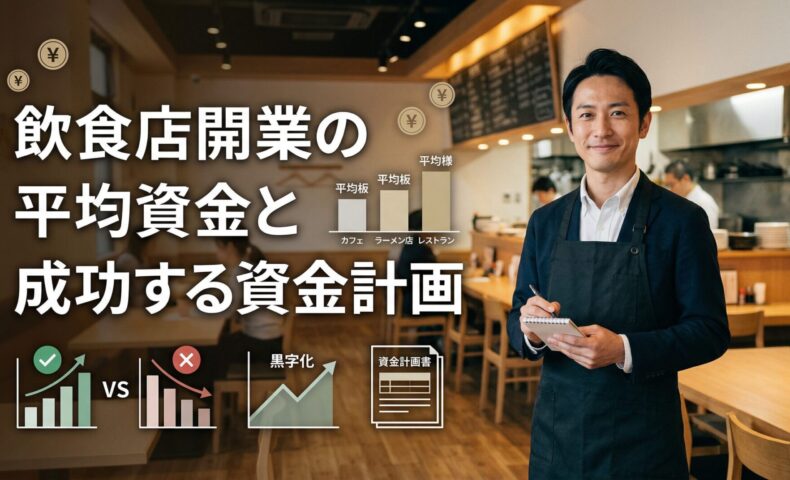 飲食店の店内で40代男性店主がメモを持ち、開業資金の平均額と成功する人の資金計画を表現したアイキャッチ画像
