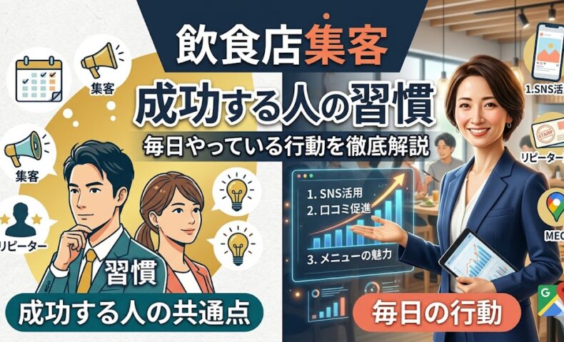 飲食店集客で成功する人の習慣と毎日の行動（SNS活用、口コミ促進、メニューの魅力）を可視化した解説画像。