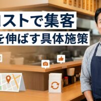 飲食店の店内で笑顔の男性店主が立ち、低コストで集客し売上を伸ばす具体施策を紹介するアイキャッチ画像