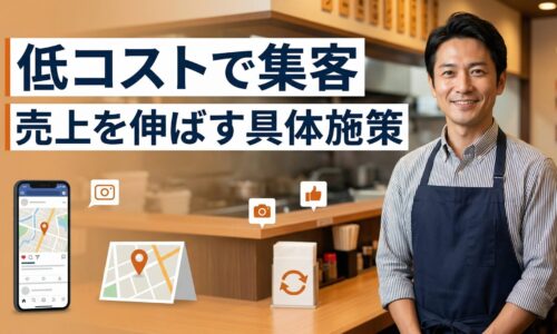 飲食店の店内で笑顔の男性店主が立ち、低コストで集客し売上を伸ばす具体施策を紹介するアイキャッチ画像