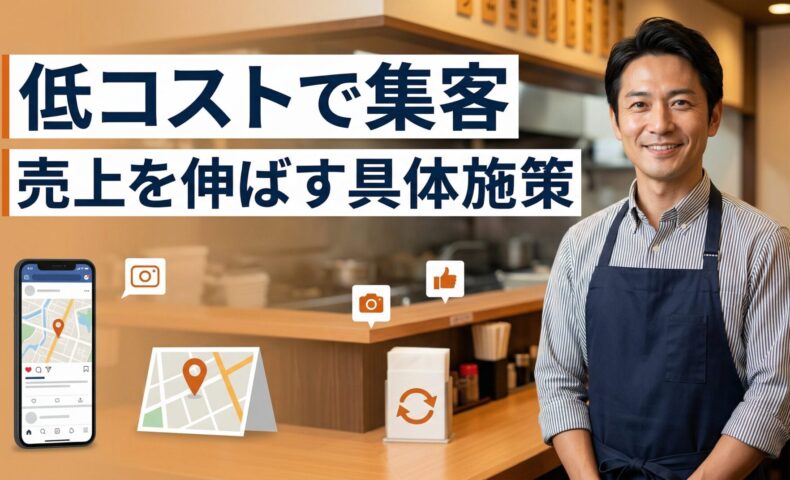 飲食店の店内で笑顔の男性店主が立ち、低コストで集客し売上を伸ばす具体施策を紹介するアイキャッチ画像