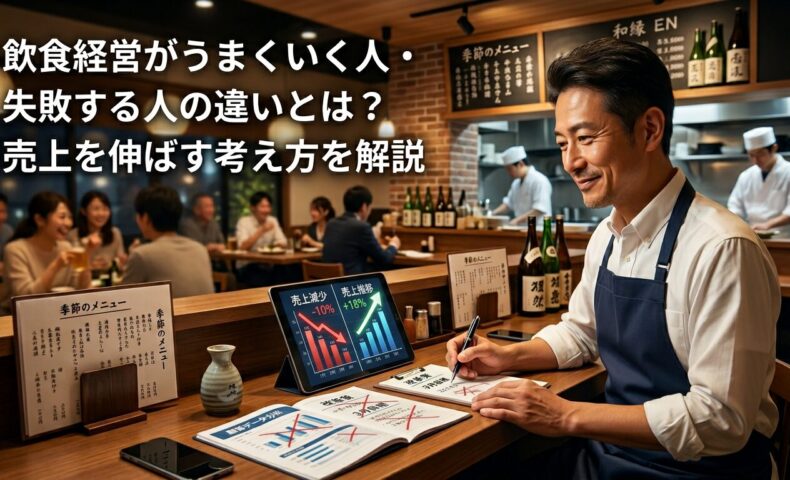 飲食経営がうまくいく人と失敗する人の違いをテーマに、売上データを確認する飲食店オーナーを表現したアイキャッチ画像