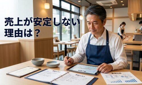 飲食経営で売上が安定しない理由をテーマに、売上データを確認する飲食店オーナーと「売上が安定しない理由は？」の文字が入ったアイキャッチ画像
