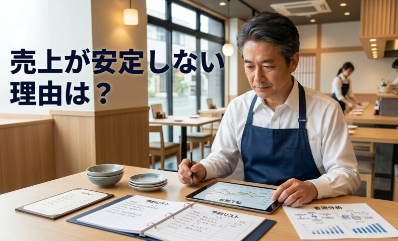 飲食経営で売上が安定しない理由をテーマに、売上データを確認する飲食店オーナーと「売上が安定しない理由は？」の文字が入ったアイキャッチ画像