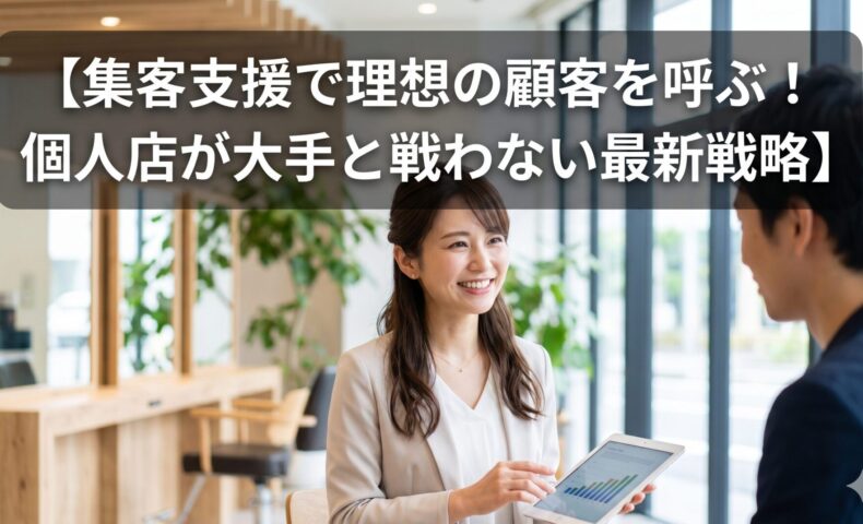 清潔感のある美容サロンで、笑顔の日本人女性スタッフがお客様（日本人女性）にカルテを説明している画像。上部には「【集客支援で理想の顧客を呼ぶ！個人店が大手と戦わない最新戦略】」というテキストが大きく配置されています