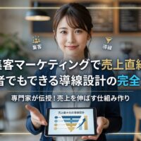 落ち着いた日本人女性の専門家が、タブレットに表示された「売上最大化の導線設計」フローチャートを指差し、笑顔で解説している画像。中央に「集客マーケティングで売上直結｜初心者でもできる導線設計の完全ガイド」の文字。