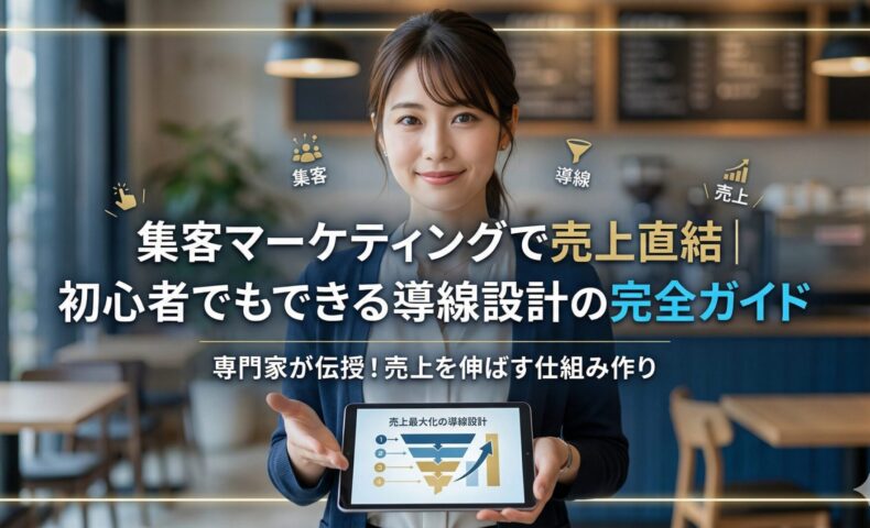落ち着いた日本人女性の専門家が、タブレットに表示された「売上最大化の導線設計」フローチャートを指差し、笑顔で解説している画像。中央に「集客マーケティングで売上直結｜初心者でもできる導線設計の完全ガイド」の文字。
