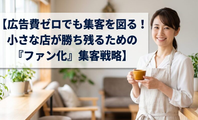 【広告費ゼロでも集客を図る！】小さなカフェの集客をテーマに、笑顔の日本人女性オーナーと清洁感のあるカフェシーン。タイトル文字は白いテキストボックス内に配置。