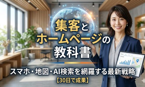 集客とホームページの教科書を解説する日本人女性専門家。スマホ・地図・AI検索の最新戦略をイメージしたアイキャッチ画像。