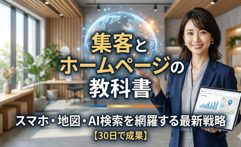 集客とホームページの教科書を解説する日本人女性専門家。スマホ・地図・AI検索の最新戦略をイメージしたアイキャッチ画像。