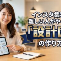 信頼感のある日本人女性マーケティング専門家が、モダンなオフィスでタブレットを指差しながら微笑む背景に、大きな文字で「インスタ集客が難しい人がやるべき「設計図」の作り方」というタイトルが読みやすく配置されているアイキャッチ画像。文字背景には黒帯がなく、ネイビーとゴールドの帯で装飾されており、「設計図」が他の文字より大きく強調されている。