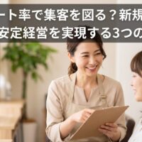 美容サロンで笑顔のスタッフがお客様にカルテを説明している画像。上部に「【リピート率で集客を図る？新規客に頼らない安定経営を実現する3つの秘策】」というテキストが記載されています。