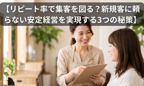 美容サロンで笑顔のスタッフがお客様にカルテを説明している画像。上部に「【リピート率で集客を図る？新規客に頼らない安定経営を実現する3つの秘策】」というテキストが記載されています。