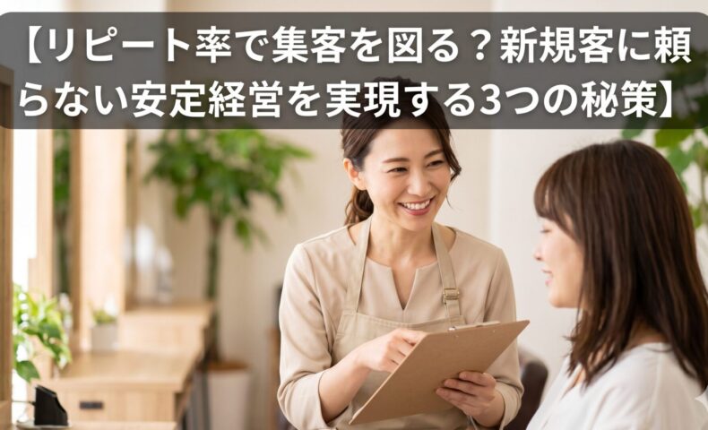 美容サロンで笑顔のスタッフがお客様にカルテを説明している画像。上部に「【リピート率で集客を図る？新規客に頼らない安定経営を実現する3つの秘策】」というテキストが記載されています。
