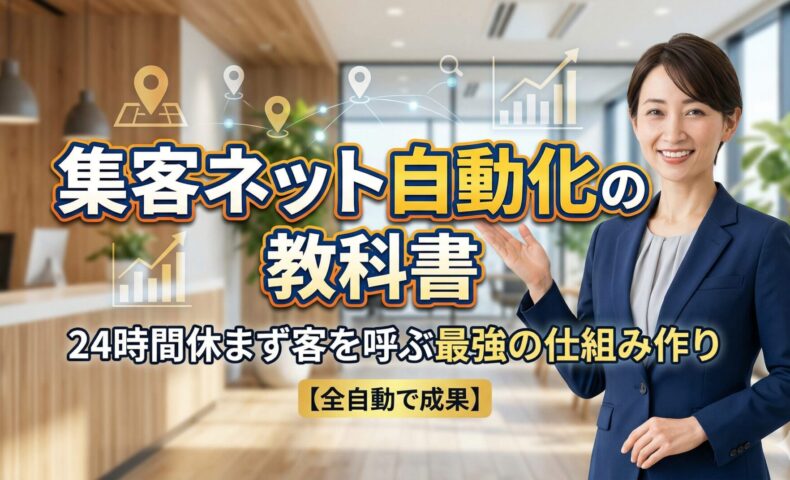 集客ネット自動化の仕組みを解説する日本人女性専門家。24時間稼働するWebマーケティングとAI検索活用をイメージしたアイキャッチ画像。
