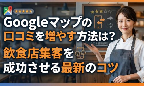 Googleマップの口コミを増やす方法を解説するアイキャッチ画像。笑顔の日本人女性店主が、背景の賑わう店内と口コミ評価のアイコンと共に、飲食店集客のコツを提案する様子。