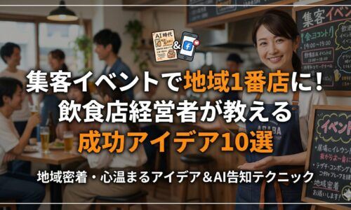 集客イベントで地域1番店を目指すための飲食店経営者向け成功アイデア10選のアイキャッチ画像。笑顔の女性店主と賑わう店内の様子。