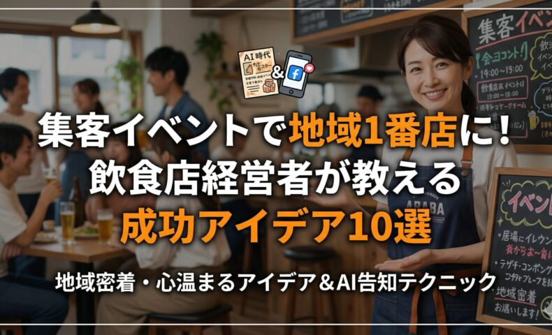 集客イベントで地域1番店を目指すための飲食店経営者向け成功アイデア10選のアイキャッチ画像。笑顔の女性店主と賑わう店内の様子。