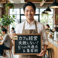 活気あるカフェの店内で、信頼感のある日本人男性店主が「5選 カフェ経営 失敗しない！5つの共通点＆集客術」と書かれたボードを掲げている画像