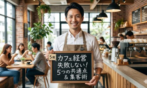 活気あるカフェの店内で、信頼感のある日本人男性店主が「5選 カフェ経営 失敗しない！5つの共通点＆集客術」と書かれたボードを掲げている画像