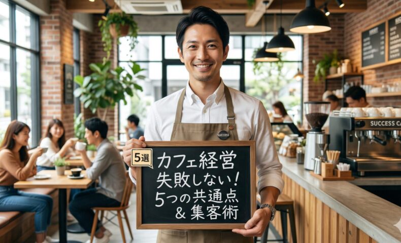 活気あるカフェの店内で、信頼感のある日本人男性店主が「5選 カフェ経営 失敗しない！5つの共通点＆集客術」と書かれたボードを掲げている画像