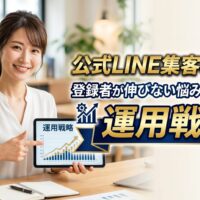 信頼感のある日本人女性マーケティング専門家が、明るくモダンなオフィスでタブレットを指差しながら微笑む背景に、中央に大きな文字で「公式LINE集客の極意！登録者が伸びない悩みを解決する運用戦略」というタイトルが読みやすく配置されているアイキャッチ画像。文字背景には黒帯がなく、ネイビーとゴールドを基調とした洗練されたデザイン帯が採用され、文字に強弱（ジャンプ率）がつけられている
