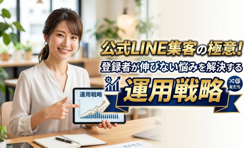 信頼感のある日本人女性マーケティング専門家が、明るくモダンなオフィスでタブレットを指差しながら微笑む背景に、中央に大きな文字で「公式LINE集客の極意！登録者が伸びない悩みを解決する運用戦略」というタイトルが読みやすく配置されているアイキャッチ画像。文字背景には黒帯がなく、ネイビーとゴールドを基調とした洗練されたデザイン帯が採用され、文字に強弱（ジャンプ率）がつけられている