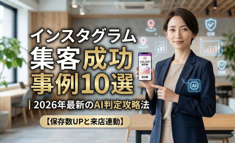 インスタグラム集客の成功事例をテーマにしたアイキャッチ画像。スマートフォンを持つ信頼感のある日本人女性店主と、中央に配置された「フォロワー数より来店率」のキャッチコピー。