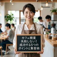 明るく清潔感のあるカフェ店内で、笑顔の日本人女性店主が「カフェ開業 失敗しない！成功する5つのポイントと集客術」と書かれたボードを手に持っている画像