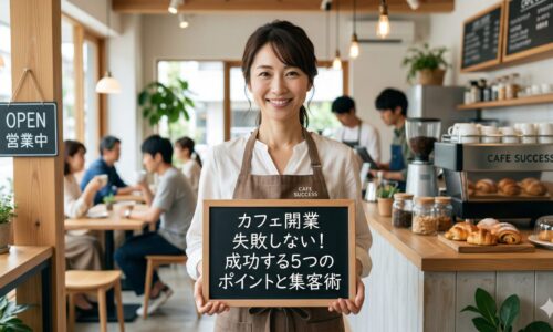 明るく清潔感のあるカフェ店内で、笑顔の日本人女性店主が「カフェ開業 失敗しない！成功する5つのポイントと集客術」と書かれたボードを手に持っている画像