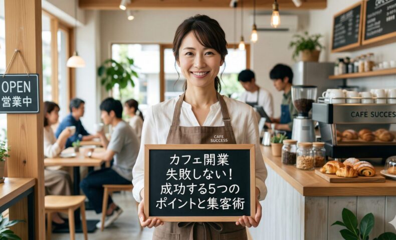 明るく清潔感のあるカフェ店内で、笑顔の日本人女性店主が「カフェ開業 失敗しない！成功する5つのポイントと集客術」と書かれたボードを手に持っている画像