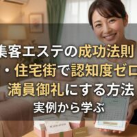 清潔感のあるエステサロンで微笑む日本人女性オーナー。中央には「集客エステの成功法則！地方・住宅街で認知度ゼロから満員御礼にする方法」の文字。