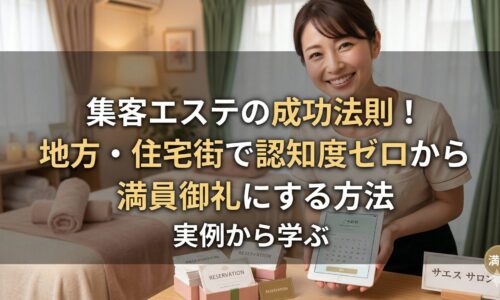 清潔感のあるエステサロンで微笑む日本人女性オーナー。中央には「集客エステの成功法則！地方・住宅街で認知度ゼロから満員御礼にする方法」の文字。