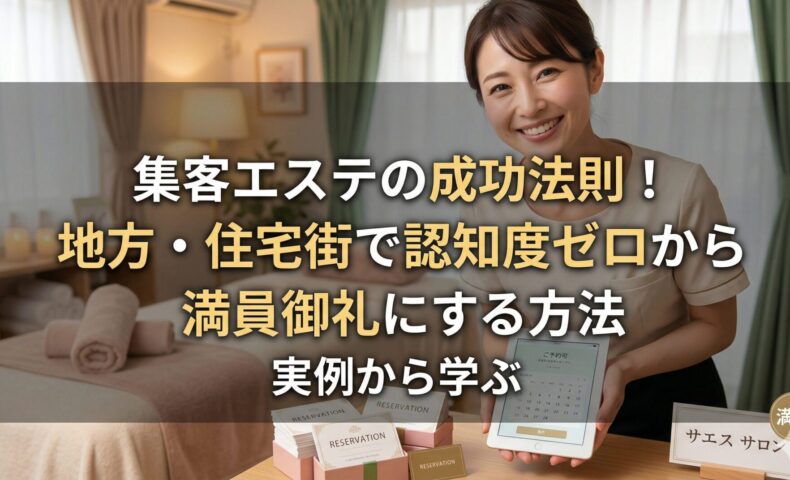 清潔感のあるエステサロンで微笑む日本人女性オーナー。中央には「集客エステの成功法則！地方・住宅街で認知度ゼロから満員御礼にする方法」の文字。