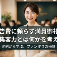 洗練された店内に立つ、信頼感のある日本人女性オーナー。中央に「広告費に頼らず満員御礼！真の集客力とは何かを考えよう」というキャッチコピーと、予約が埋まったカレンダーのアイコン。