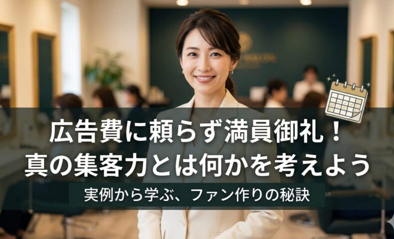 洗練された店内に立つ、信頼感のある日本人女性オーナー。中央に「広告費に頼らず満員御礼！真の集客力とは何かを考えよう」というキャッチコピーと、予約が埋まったカレンダーのアイコン。