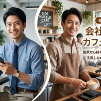 画面左側にオフィスで働く会社員、右側にエプロン姿のカフェ店主が並んだ分割デザインの画像。中央には「会社員からカフェを開く！副業から始めるスモールスタート術」のテキスト。