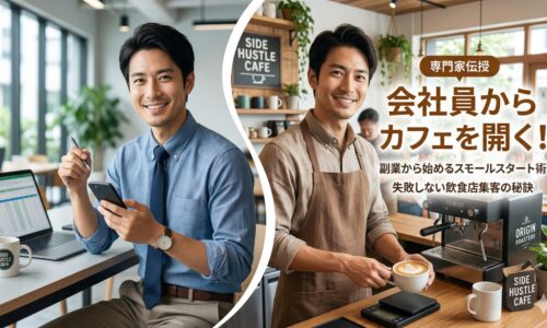 画面左側にオフィスで働く会社員、右側にエプロン姿のカフェ店主が並んだ分割デザインの画像。中央には「会社員からカフェを開く！副業から始めるスモールスタート術」のテキスト。