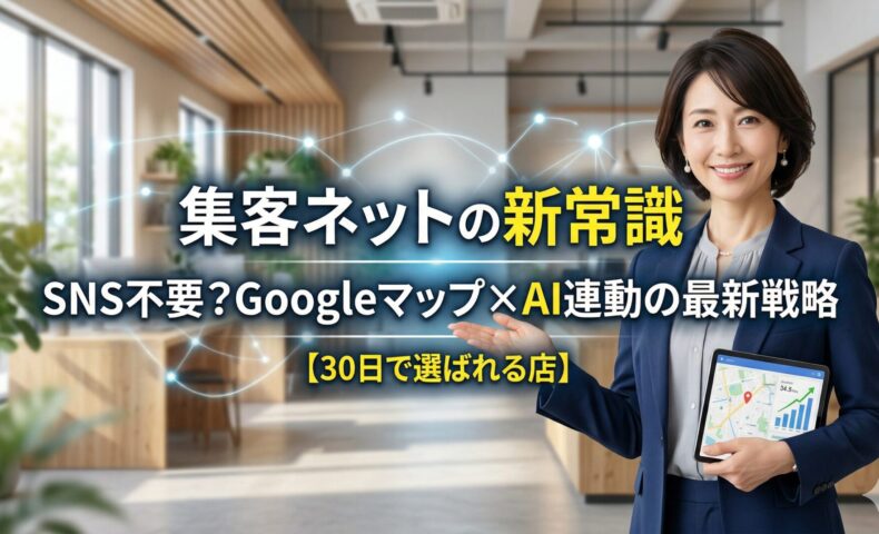 広告費0円での集客改善と店舗再生を解説する日本人女性専門家。Googleマップ活用とAI戦略をイメージしたアイキャッチ画像。