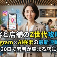 Z世代の集客と店舗再生を解説する日本人女性専門家。スマートフォンに映るInstagramとAI検索の連動イメージ。