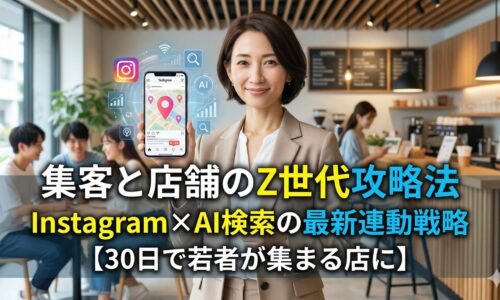 Z世代の集客と店舗再生を解説する日本人女性専門家。スマートフォンに映るInstagramとAI検索の連動イメージ。