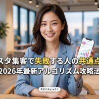インスタ集客で失敗する原因と2026年最新アルゴリズム攻略法を解説する、信頼感のある日本人女性コンサルタントのアイキャッチ画像。