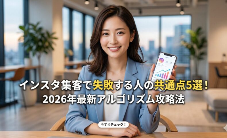 インスタ集客で失敗する原因と2026年最新アルゴリズム攻略法を解説する、信頼感のある日本人女性コンサルタントのアイキャッチ画像。