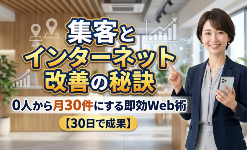 集客とインターネット改善を解説する日本人女性専門家。0人から月30件への改善をイメージしたアイキャッチ画像。