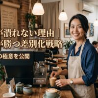 落ち着いたカフェの店内で、笑顔の日本人女性バリスタがラテアートを作っている画像。画像上部に「カフェが潰れない理由｜個人店が勝つ差別化戦略」と「飲食店集客の極意を公開」の文字。右上に「【徹底解説】個人店必見」の吹き出しラベル。